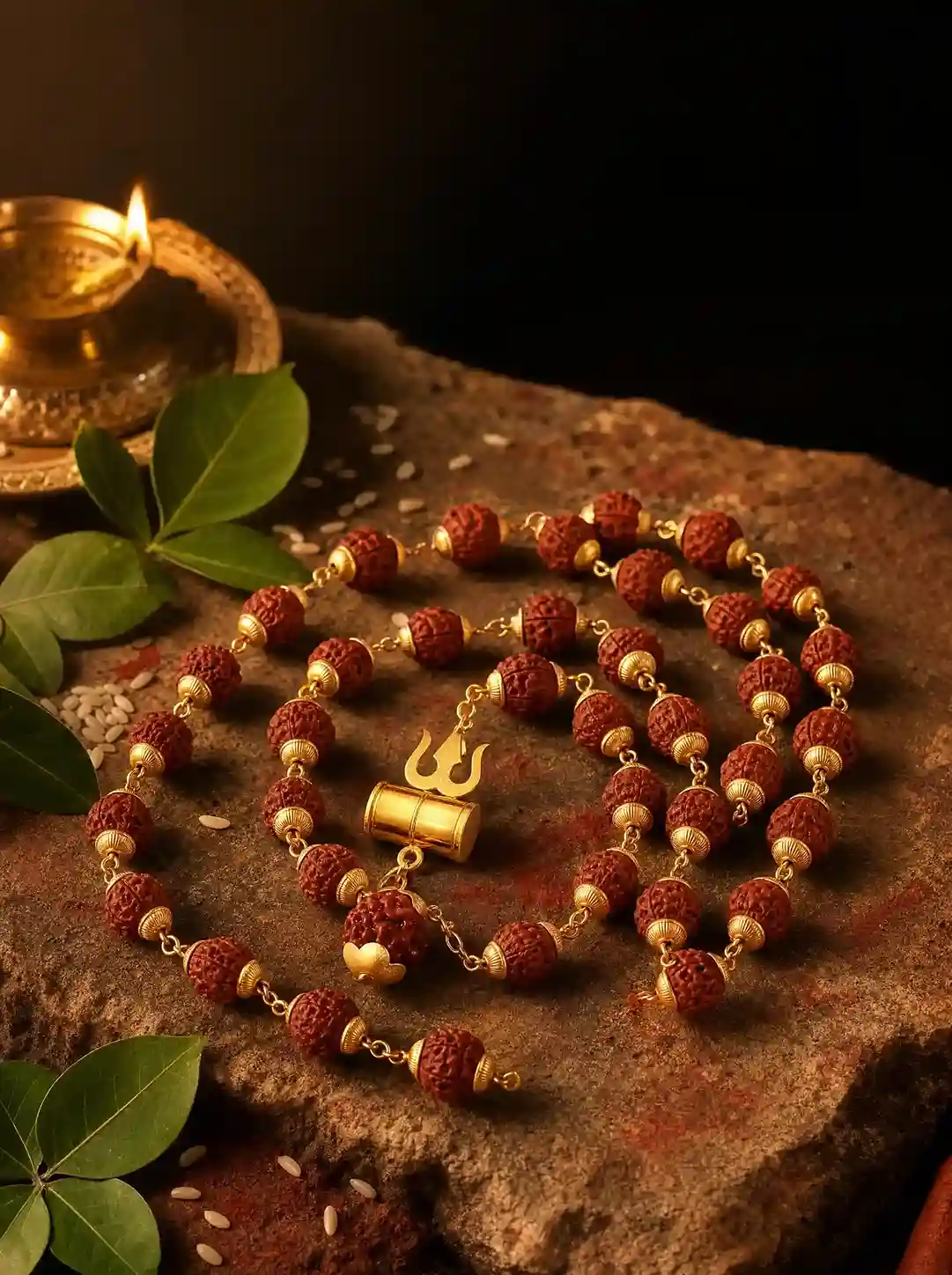 Gold Plated Rudraksha Trishool Necklace (For Men)