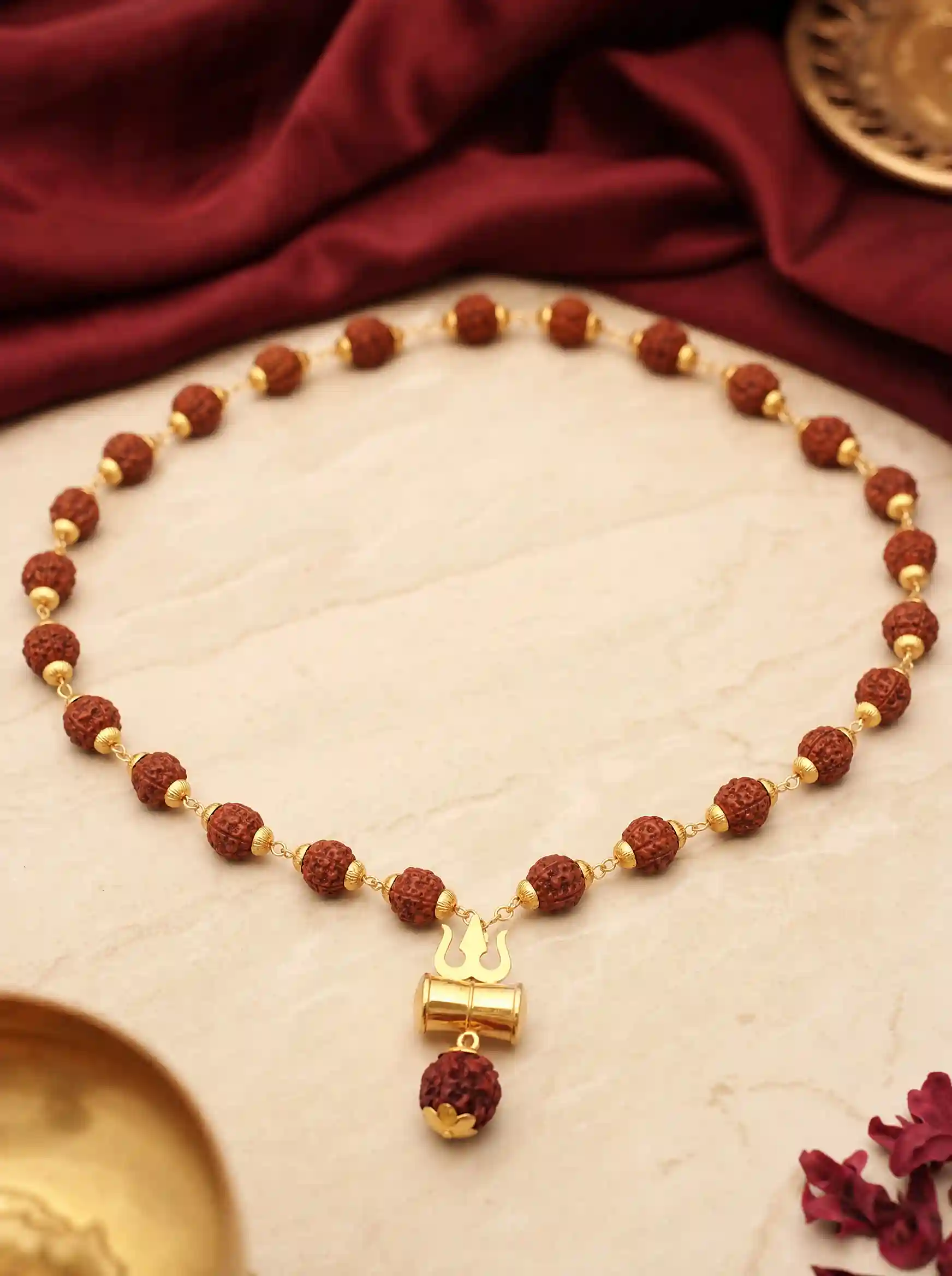 Gold Plated Rudraksha Trishool Necklace (For Men)