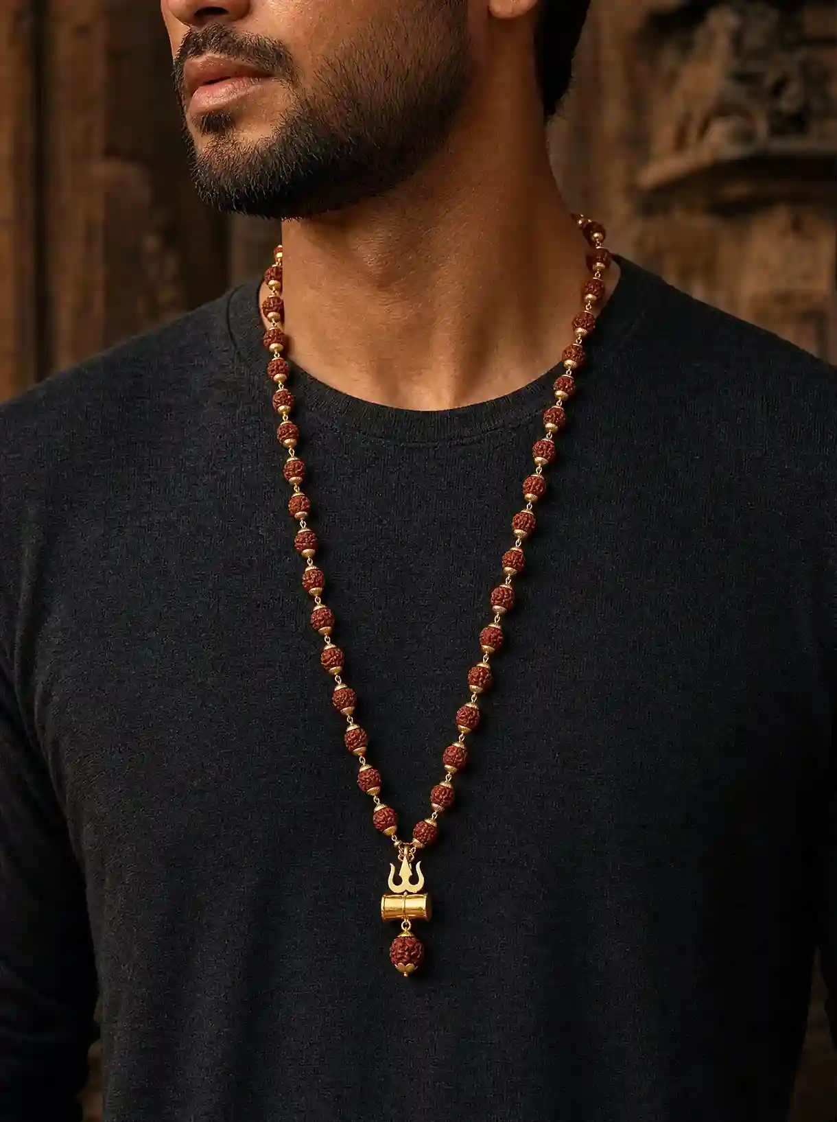 Gold Plated Rudraksha Trishool Necklace (For Men)