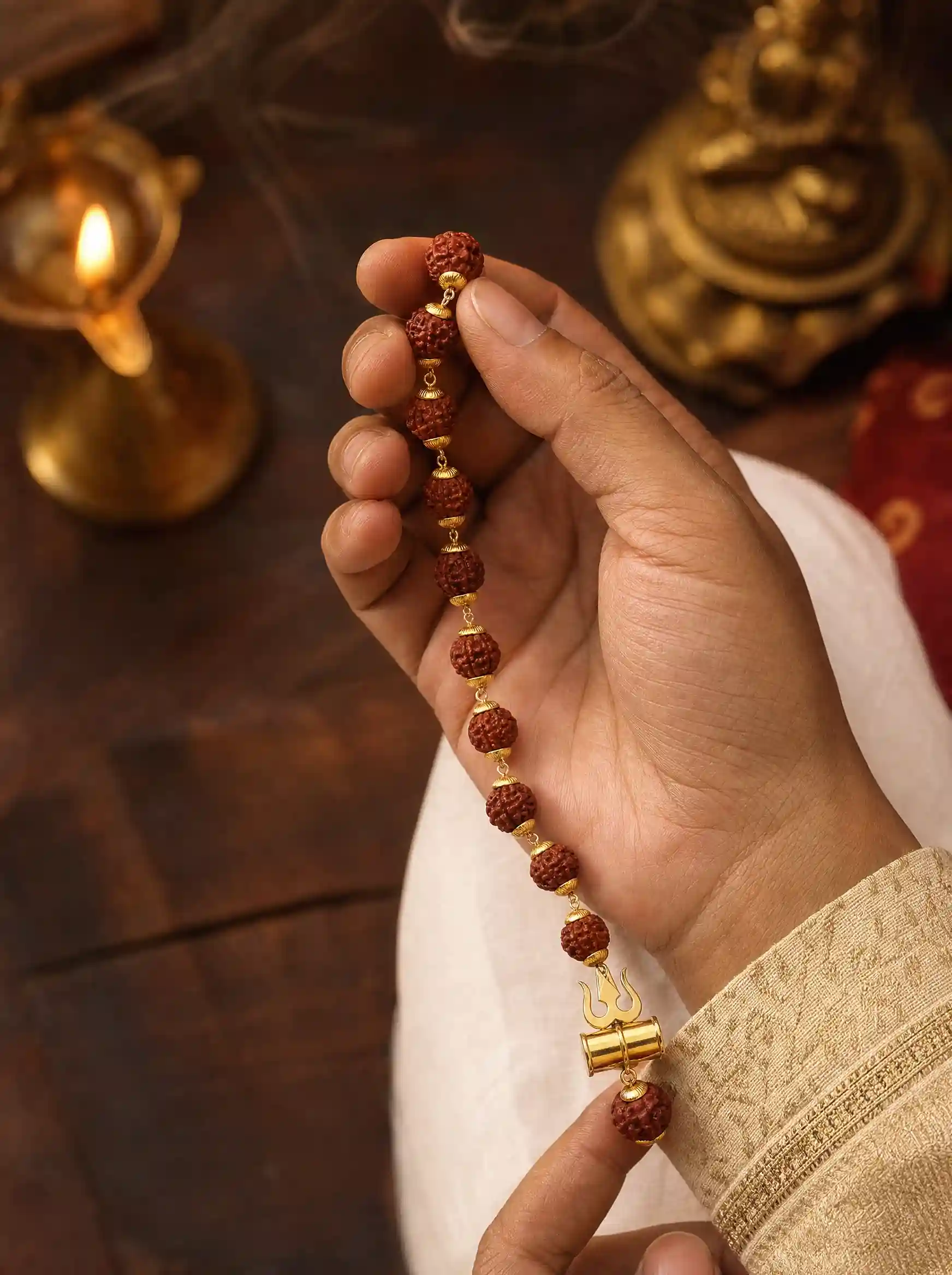 Gold Plated Rudraksha Trishool Necklace (For Men)