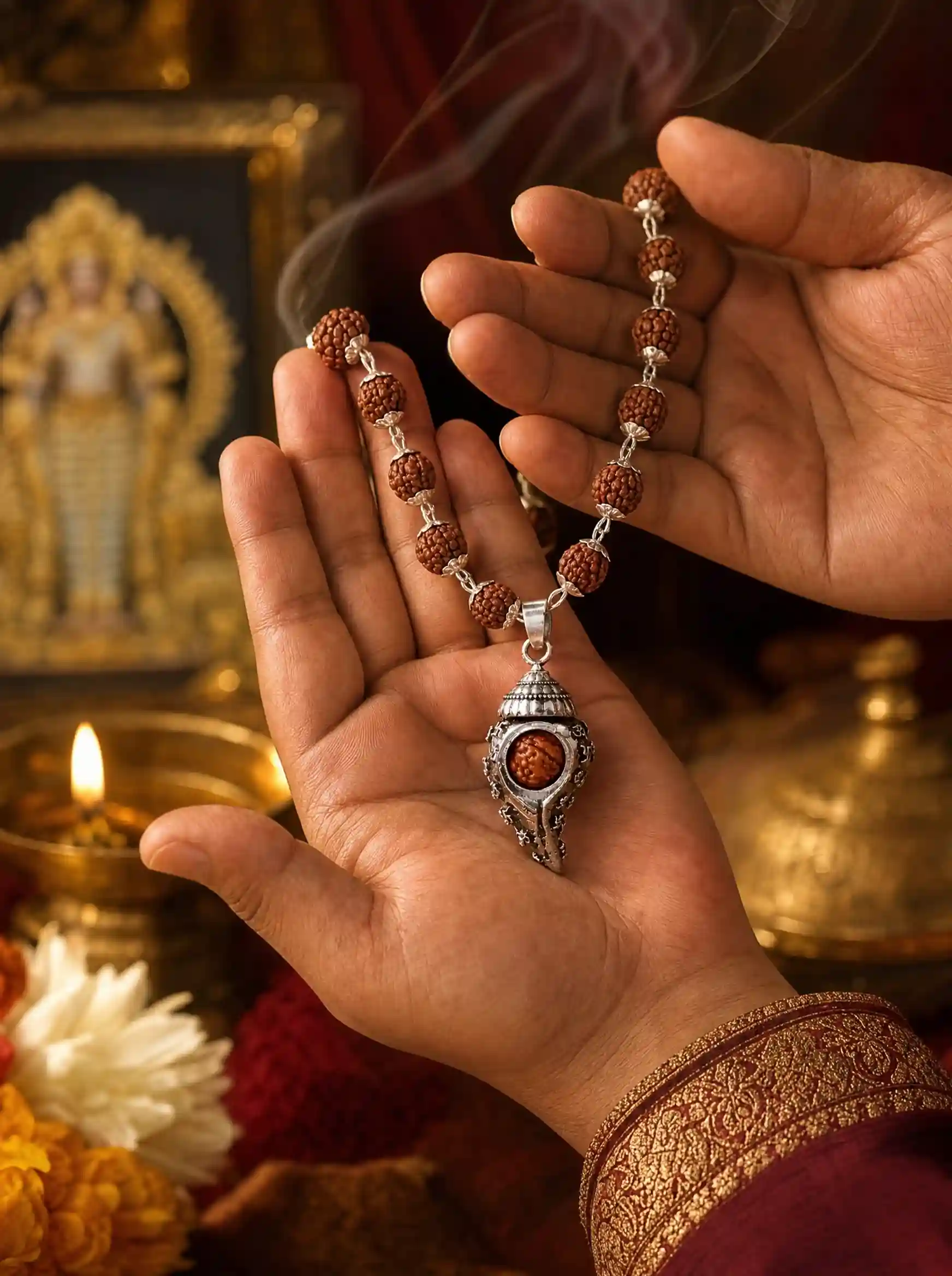 Silver Plated Shiv Shankh Rudraksha Mala