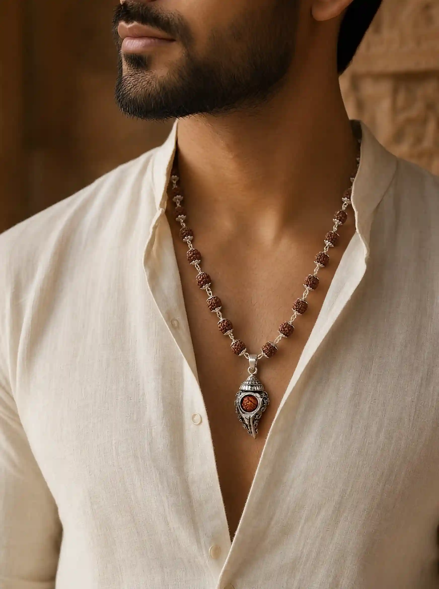 Silver Plated Shiv Shankh Rudraksha Mala